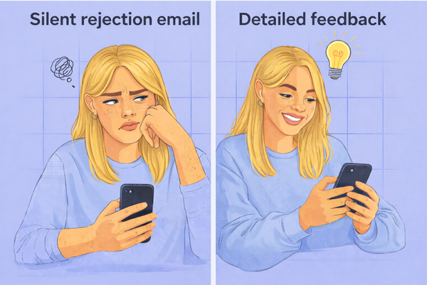 Digital illustration of a hiring candidate receiving feedback
